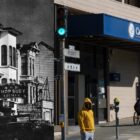 In this split image, the left side shows a black and white photo of Victorian Era buildings with neon signs installed in the mid-20th century advertising a jazz club, restaurant and other businesses. On the right side is a color photo showing a modern beige bank building with a flat facade and a blue awning.
