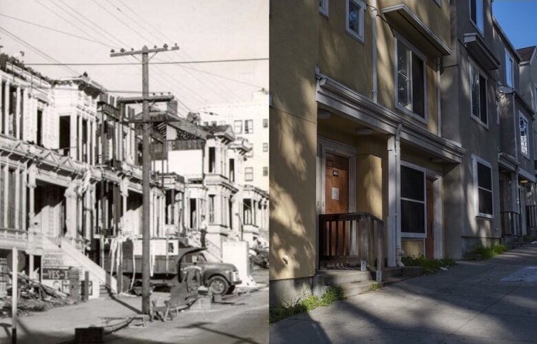 In this split image, on the left is a black and white photo of a row of urban, Victorian Era homes with adjoining walls, and on the right it a color photo depicting two-story contemporary town homes with yellow and gray stucco walls, white trim and wooden doors.